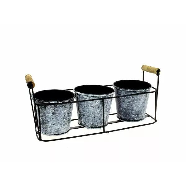 Support en métal avec trois cache-pots ronds en zinc naturel pour compositions florales professionnelles
