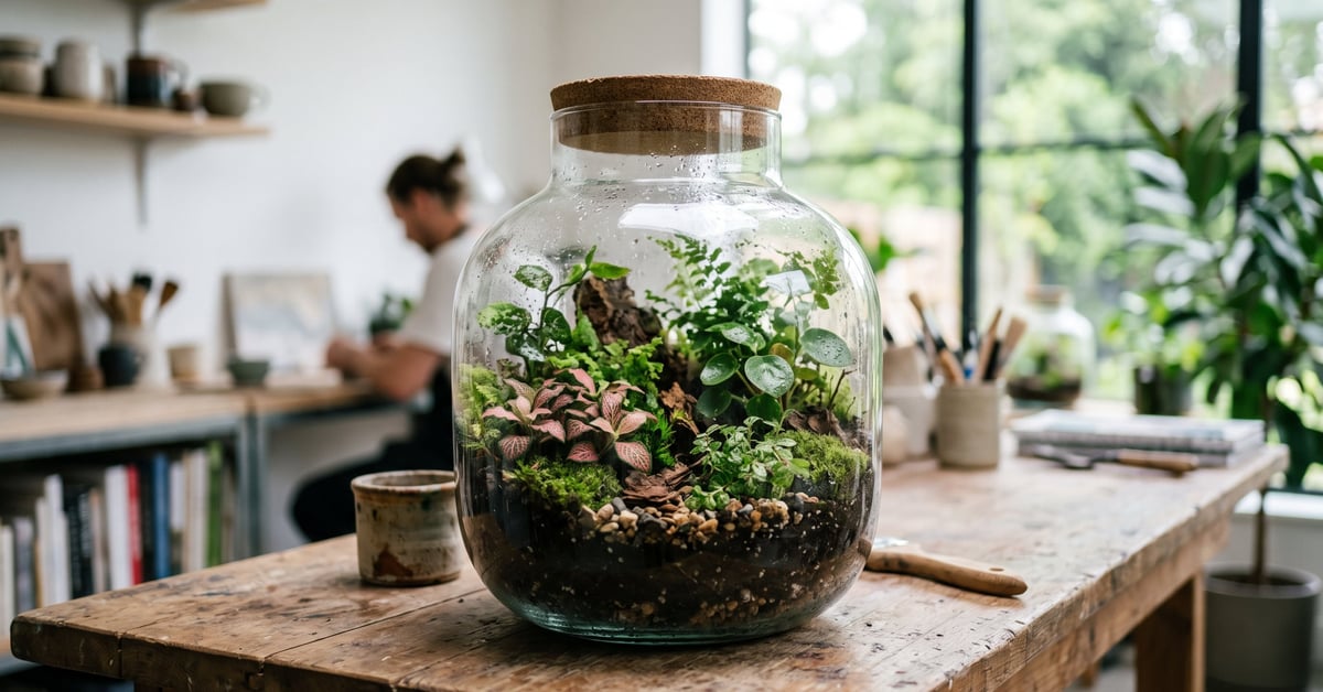 Terrarium plante avec composition végétale soignée dans un contenant en verre, matériel et étapes