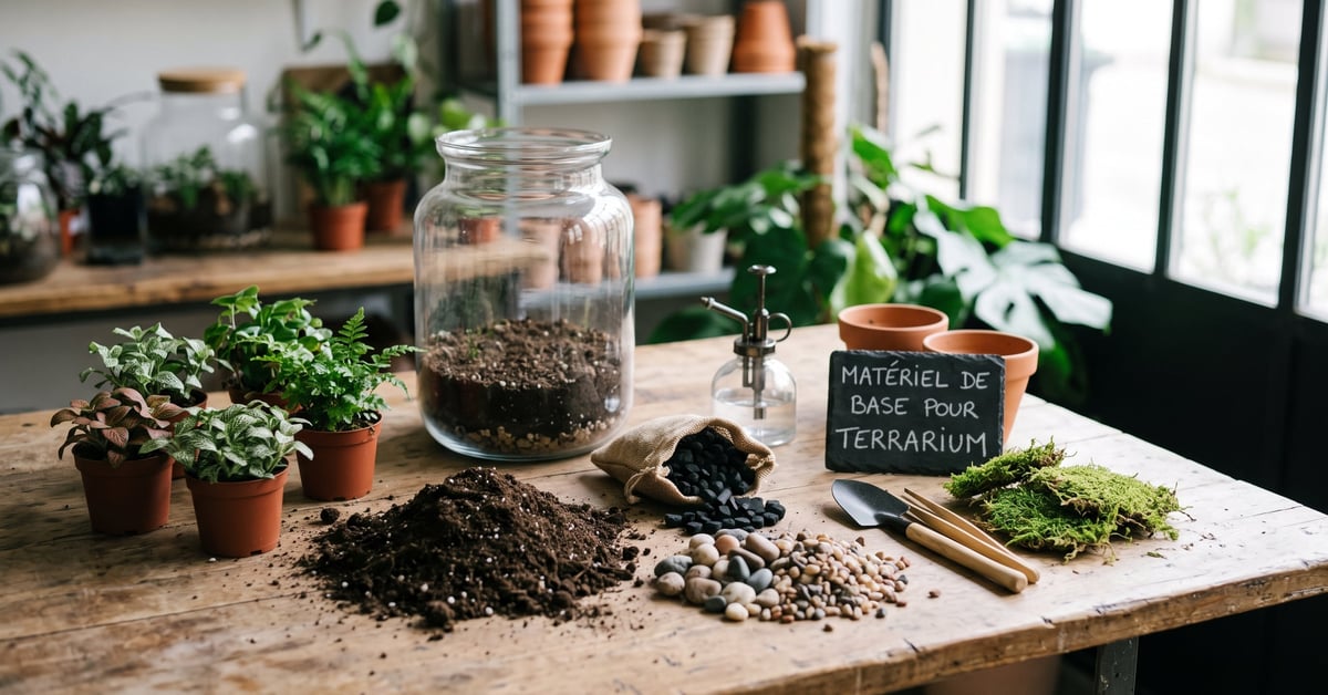 Matériel de base pour créer un terrarium plante : bocal en verre, gravier, mousse et plantes vertes
