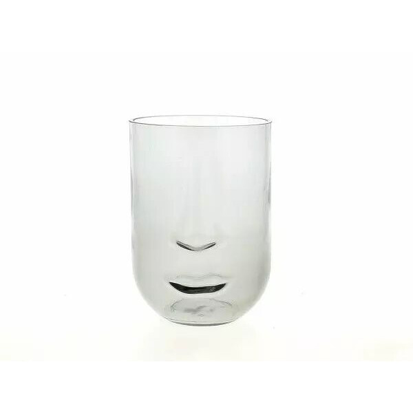 Vase en verre gris avec visage incrusté pour fleuriste, diamètre 14,5 cm hauteur 20 cm, design contemporain