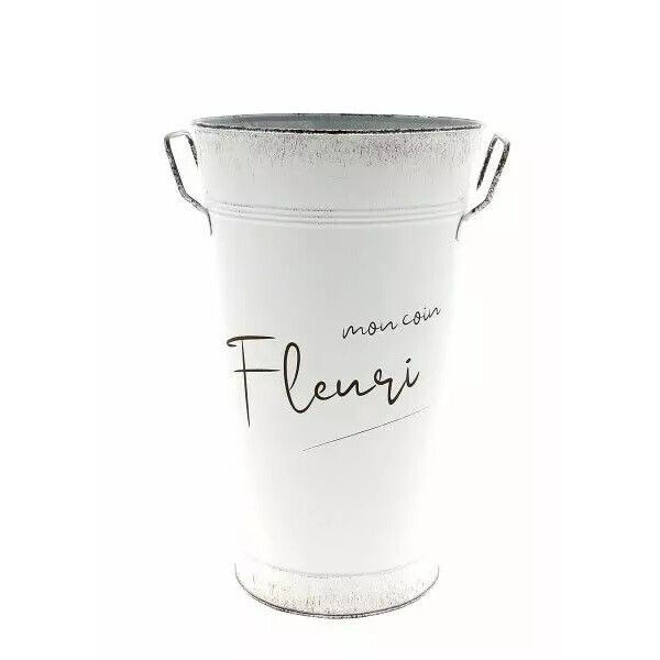 Vase décoratif en zinc blanc Mon Coin Fleuri, diamètre 20 cm hauteur 33 cm, pour compositions florales professionnelles et art floral