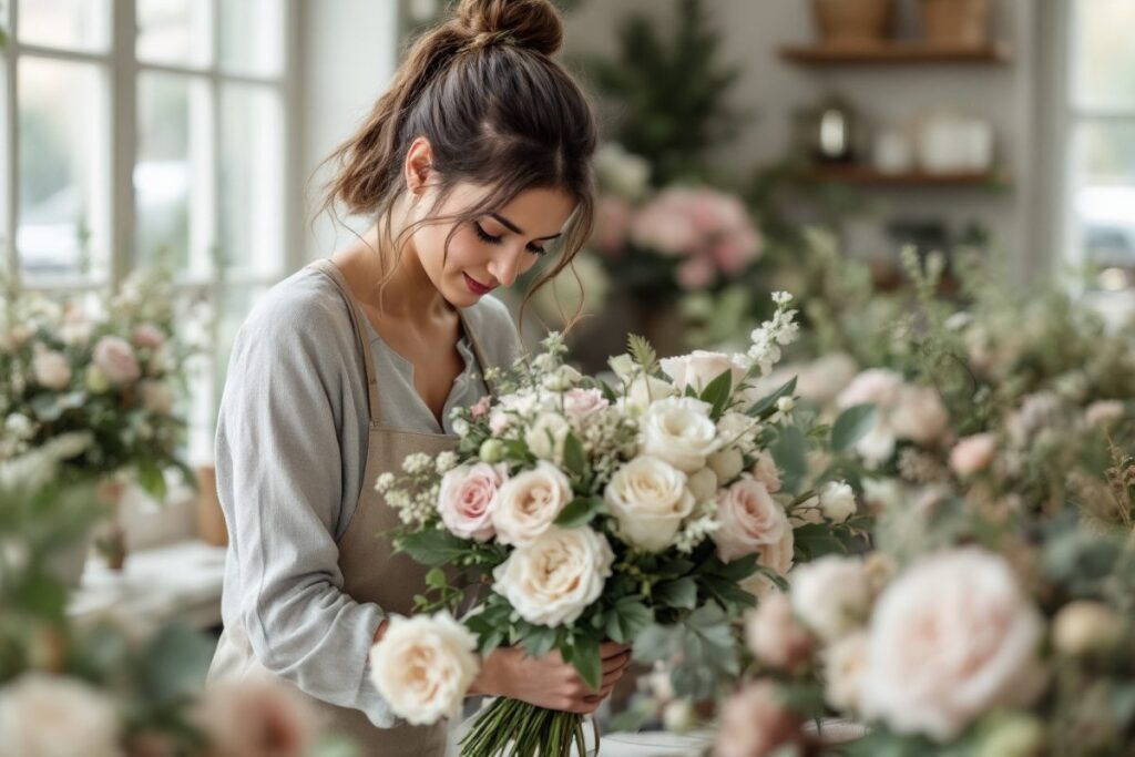 Jeune fleuriste réalisant un bouquet de roses élaboré dans l'atelier d'une boutique