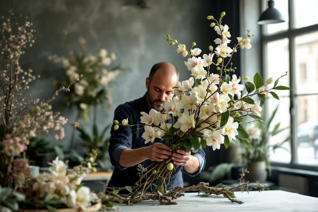 Fleuriste réalisant une création florale haut de gamme avec orchidées et branchages