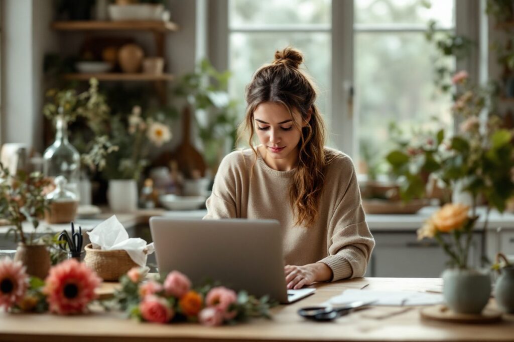 Femme suivant une formation de fleuriste à distance depuis sa table de cuisine