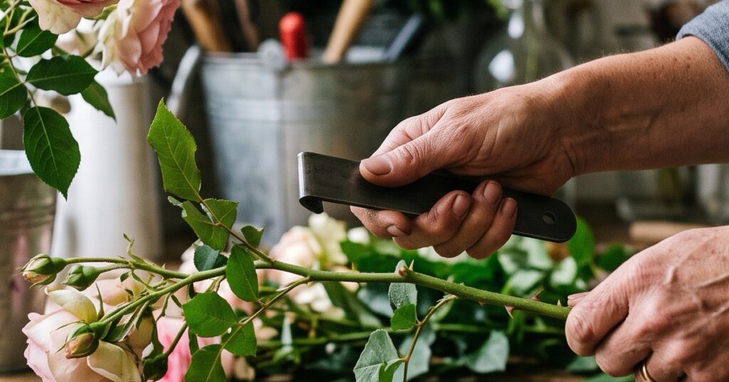 Fleuriste en reconversion desepinant une tige de rose en atelier, parcours du CAP fleuriste adulte