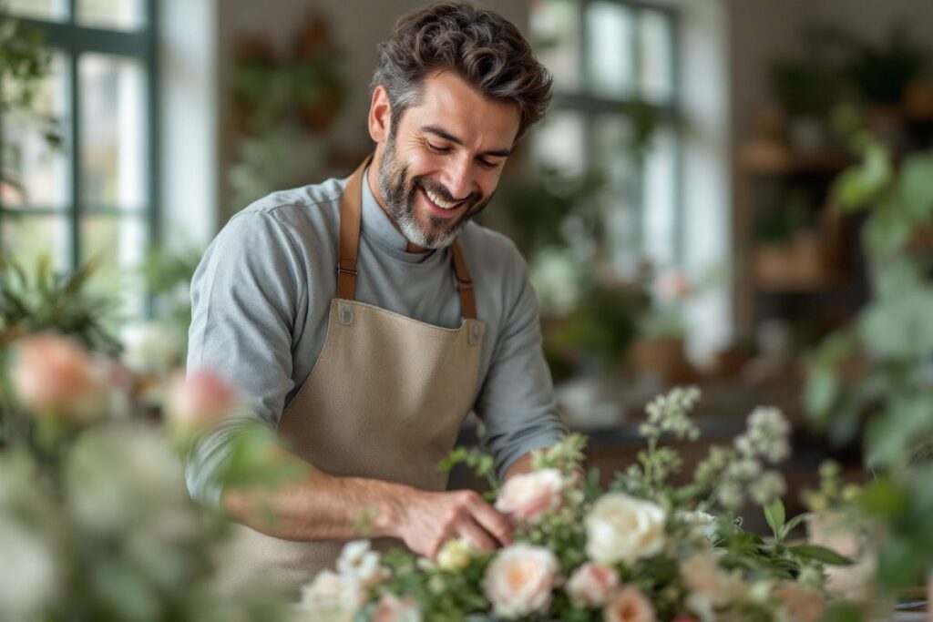Homme en reconversion composant un bouquet dans un atelier de fleuristerie