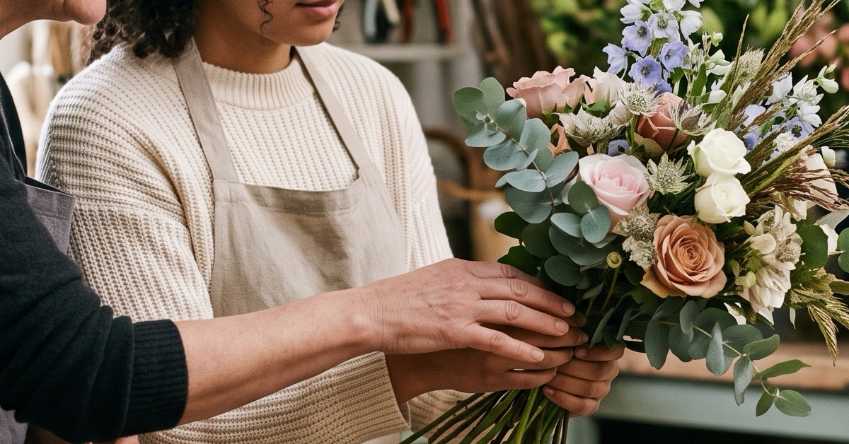Fleuriste experimentee guidant une apprentie sur un bouquet, CAP fleuriste en alternance
