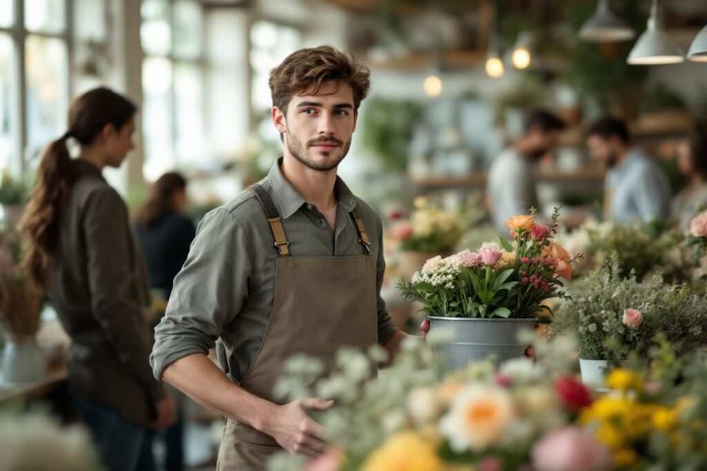 Apprenti fleuriste en tablier dans une boutique de fleurs animée