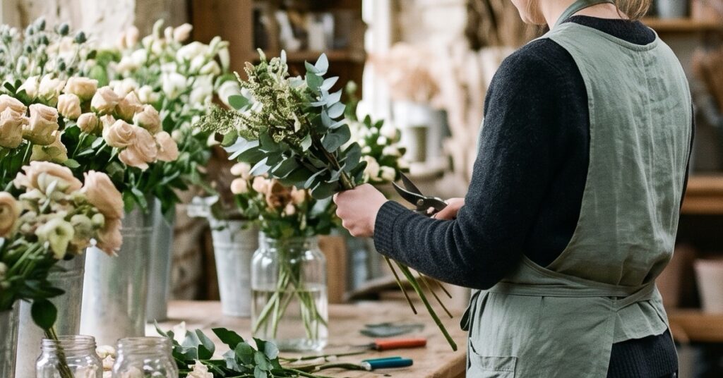 Fleuriste travaillant seul a l'etabli, preparation du CAP fleuriste en candidat libre