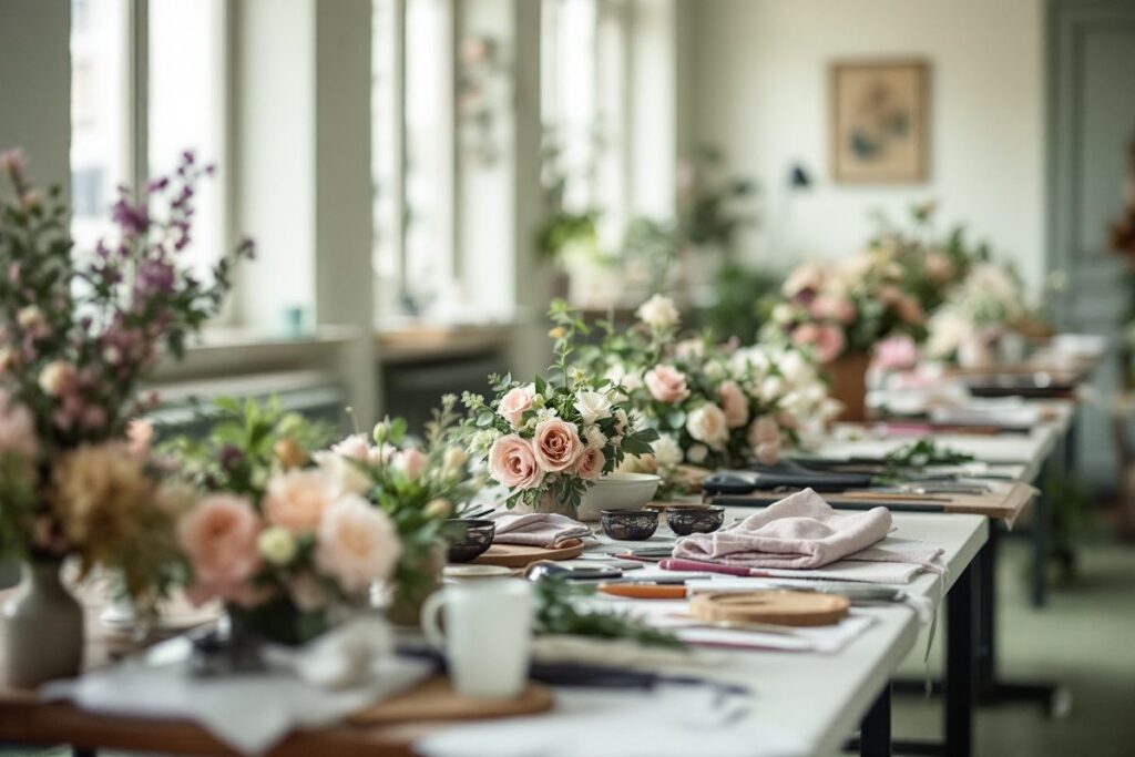 Salle d'examen préparée pour l'épreuve pratique, avec fleurs et outils sur chaque poste