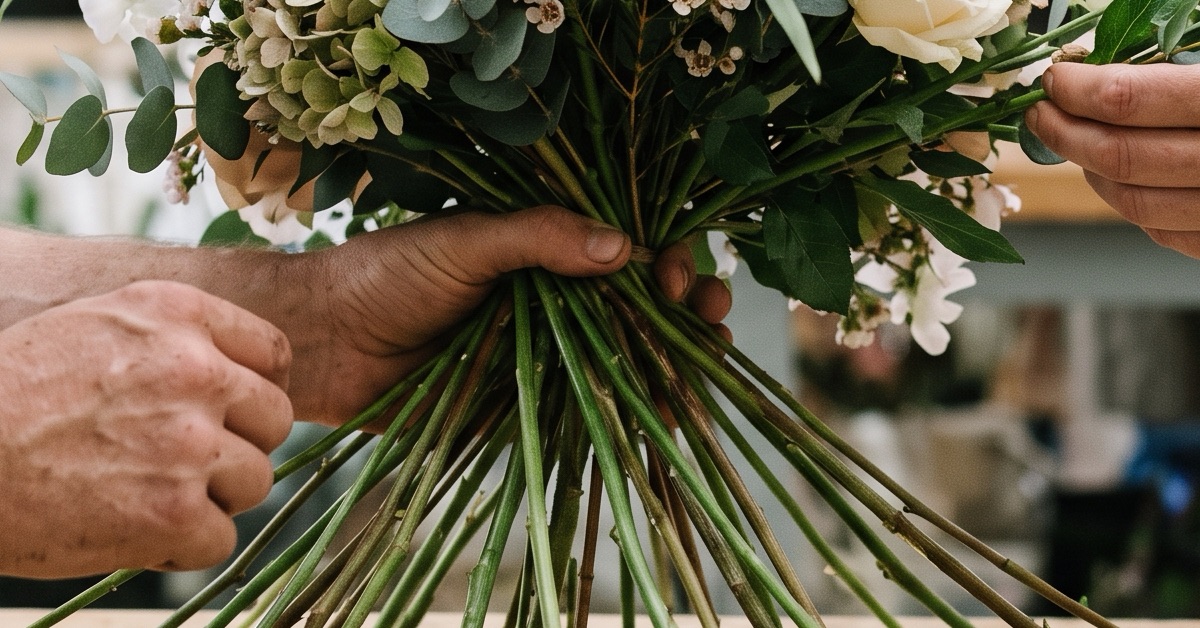 Mains d'une apprentie fleuriste montant un bouquet rond en atelier, illustration du programme du CAP fleuriste