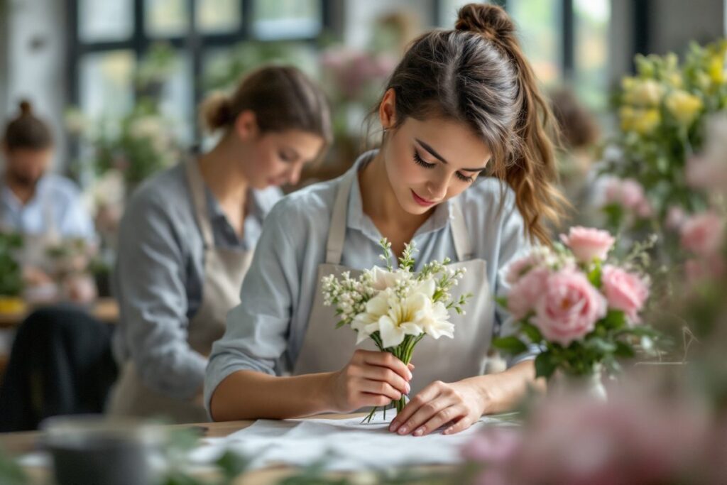 Candidate composant un bouquet sur son poste de travail lors d'une épreuve pratique