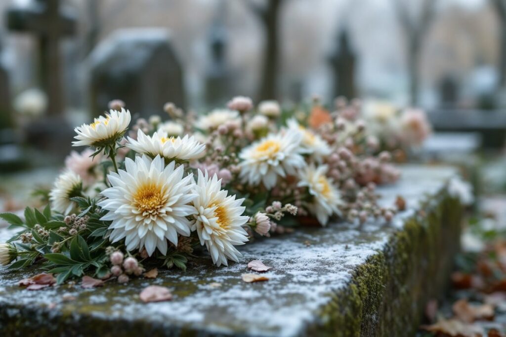 Composition de chrysanthèmes sur une tombe, par un matin d'automne givré