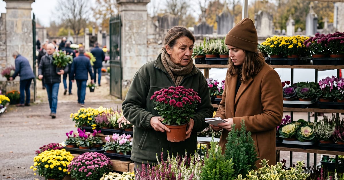 Étal de Toussaint devant un cimetière : chrysanthèmes, bruyères et choux d'ornement, des végétaux qui tiennent au froid