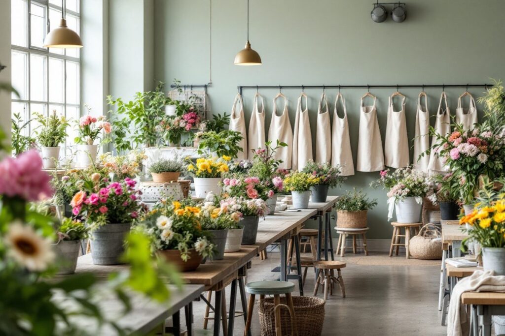 Atelier d'un centre de formation en fleuristerie, tabliers suspendus et fleurs en seaux