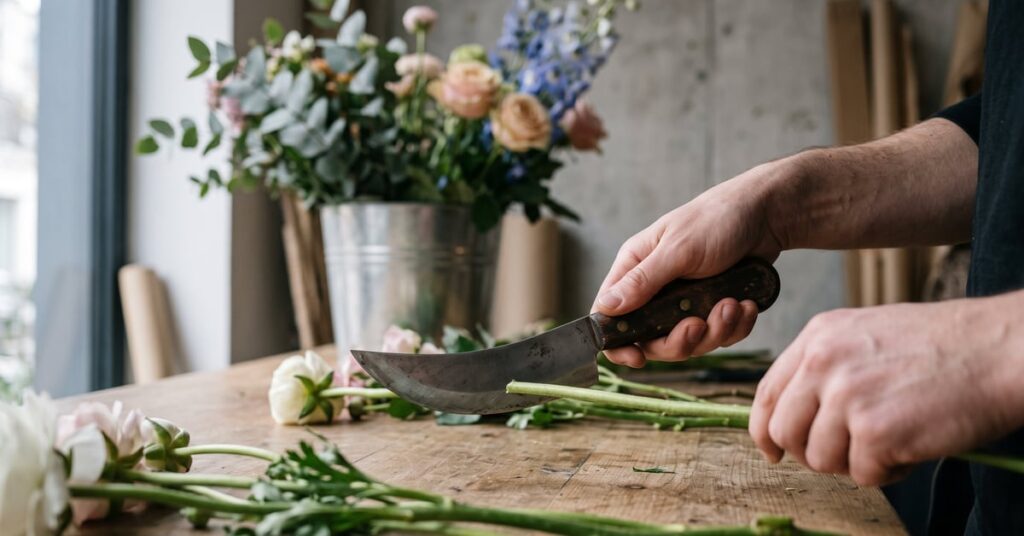 Couteau de fleuriste professionnel posé sur un plan de travail moderne, outil essentiel pour la création florale