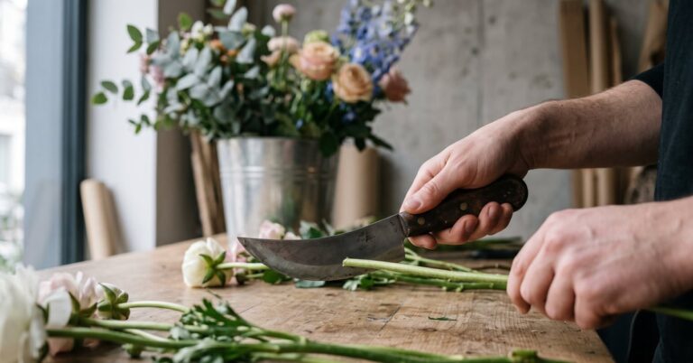 Couteau de fleuriste professionnel posé sur un plan de travail moderne, outil essentiel pour la création florale