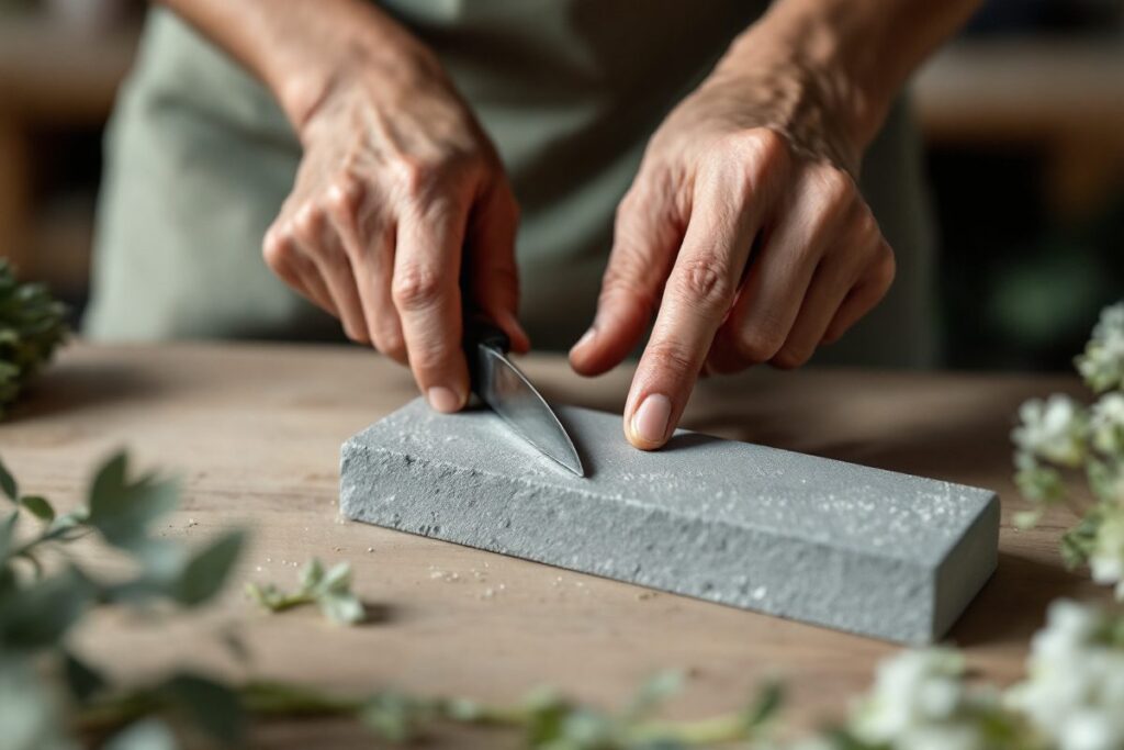 Mains de fleuriste affûtant un couteau sur une pierre à aiguiser