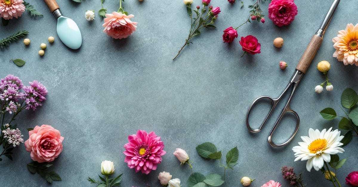 Outils professionnels pour découper la mousse florale : couteau, fil et gabarit sur plan de travail