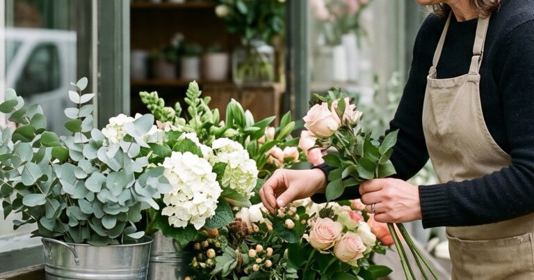 Fleuriste quinquagenaire arrangeant les seaux de fleurs devant sa boutique de quartier