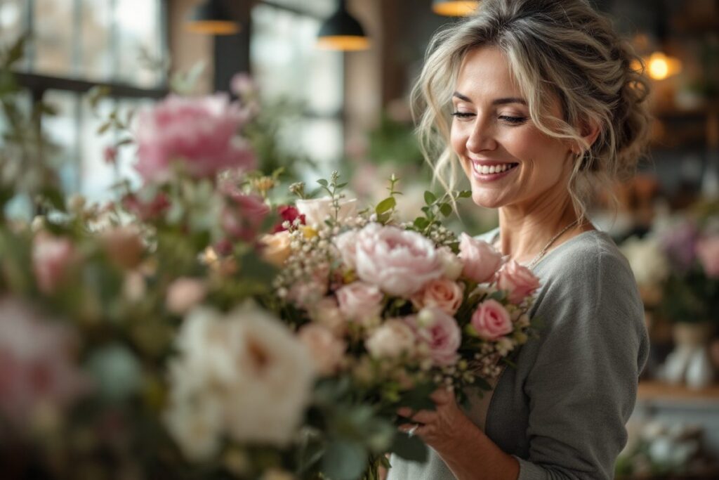 Fleuriste d'une cinquantaine d'années composant un bouquet dans sa boutique