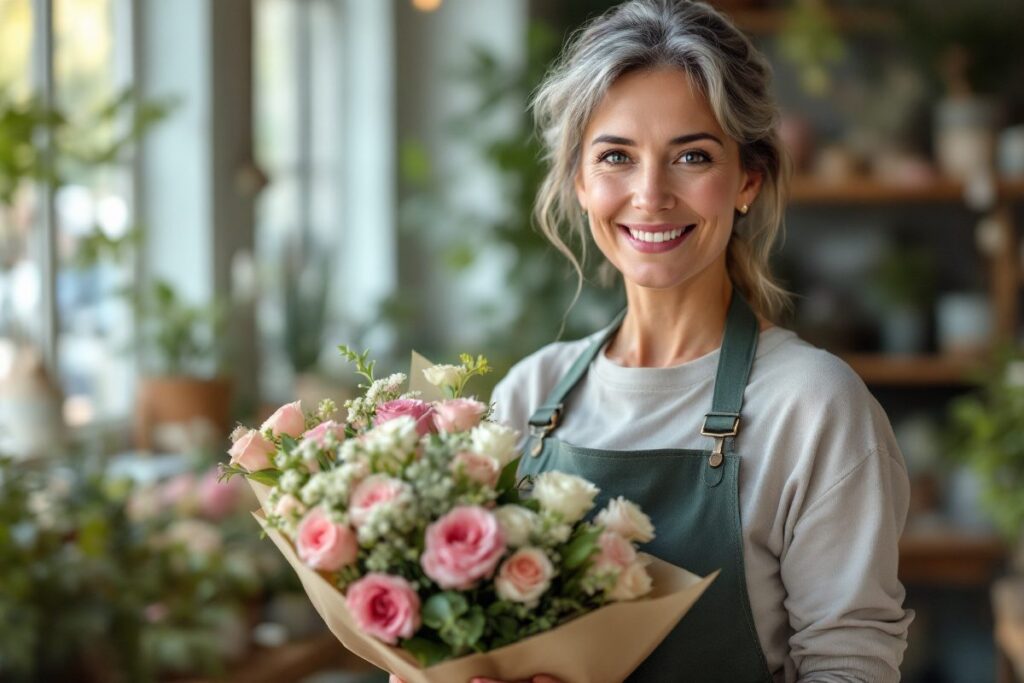Fleuriste en reconversion tenant un bouquet dans sa boutique
