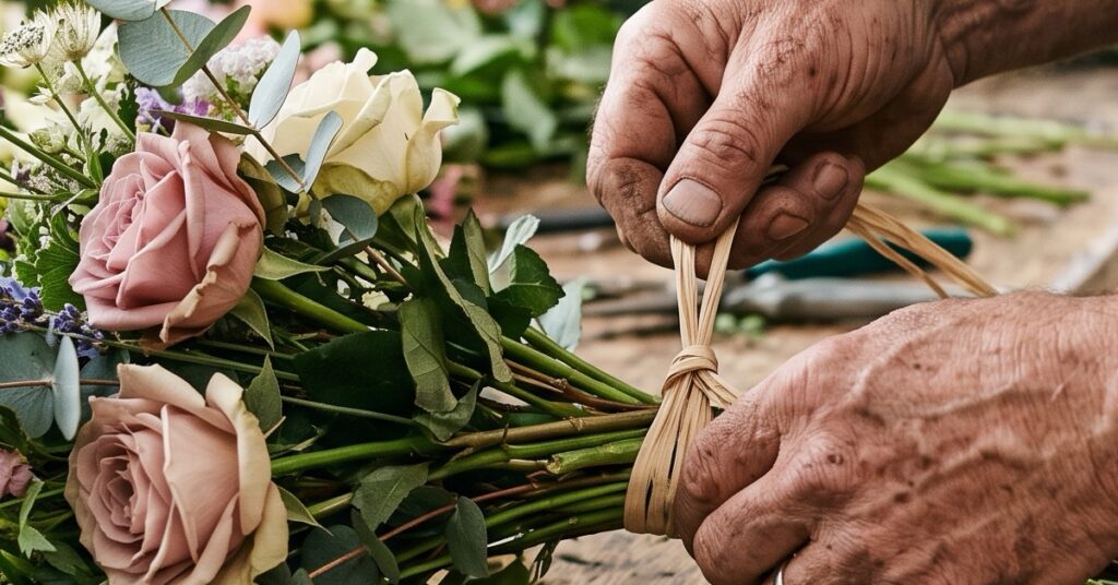 Mains experimentees nouant un bouquet au raphia, devenir fleuriste sans diplome