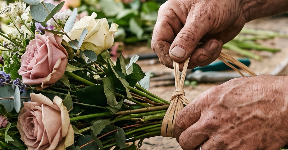 Mains experimentees nouant un bouquet au raphia, devenir fleuriste sans diplome