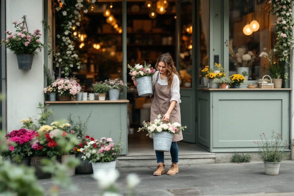 Jeune fleuriste sortant des seaux de fleurs devant sa boutique le matin