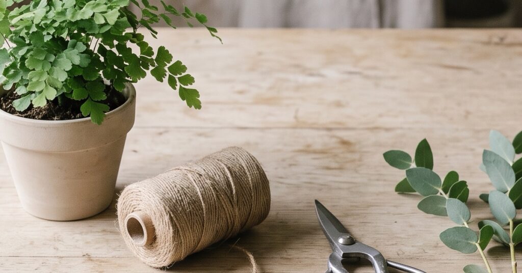 Coin d'atelier de fleuriste avec outillage et ficelle, illustration du financement d'une formation de fleuriste