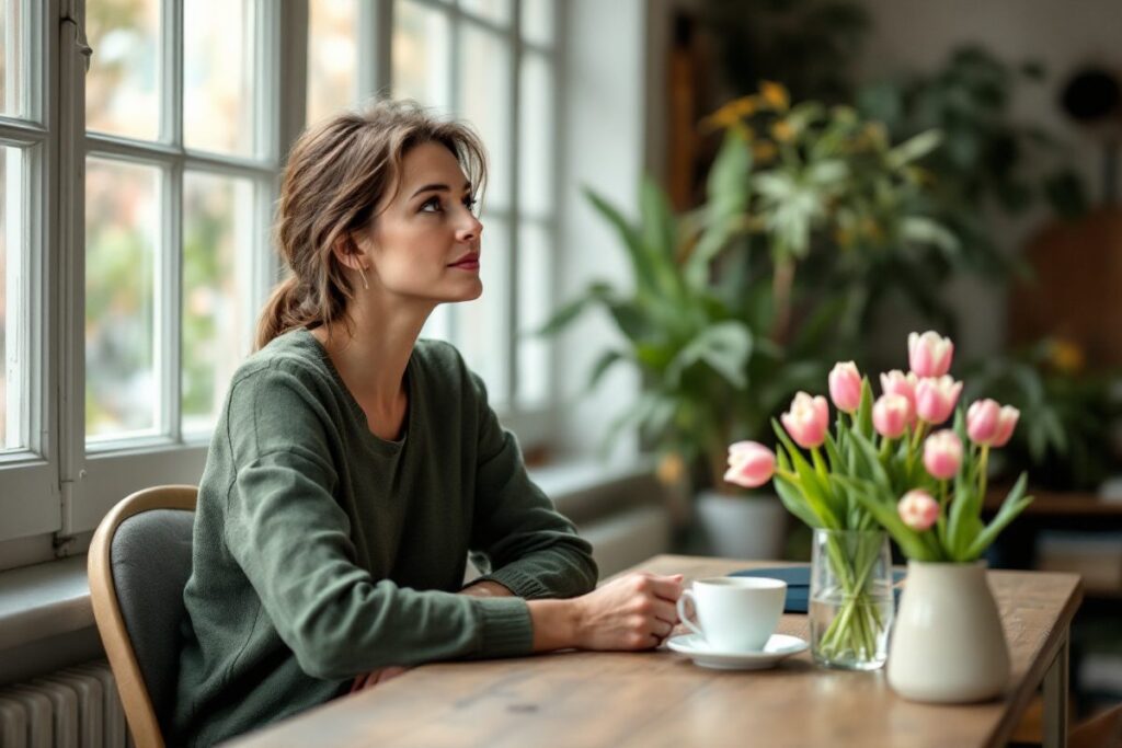 Femme réfléchissant à son projet de formation, assise près d'une fenêtre avec un bouquet de tulipes