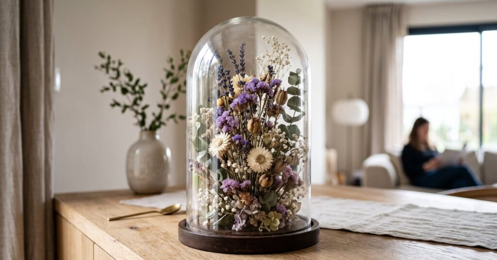 Fleurs séchées sous cloche en verre posée sur une surface en bois, décoration botanique élégante