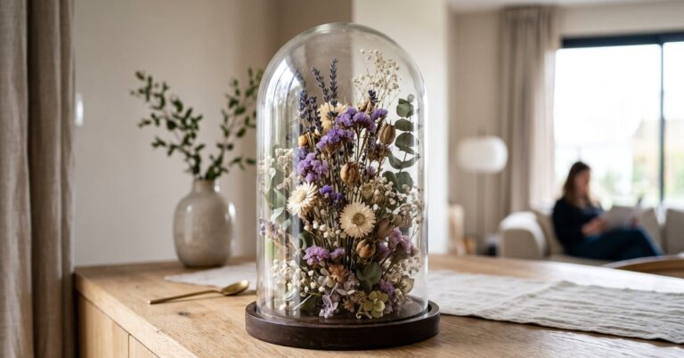 Fleurs séchées sous cloche en verre posée sur une surface en bois, décoration botanique élégante