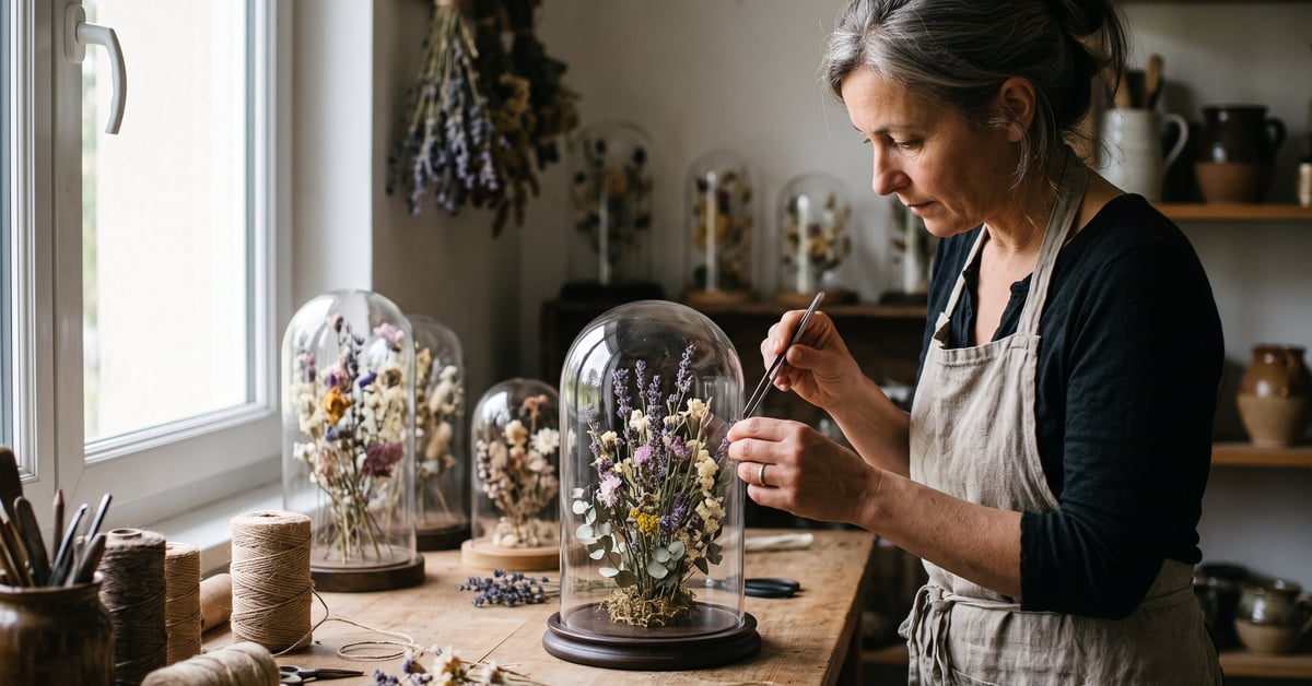 Fleurs séchées sous cloche en verre posée sur une surface en bois naturel