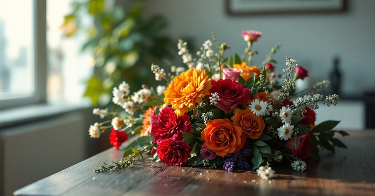 Fleurs colorées déposées sur une sépulture en hiver, entretenues malgré le froid
