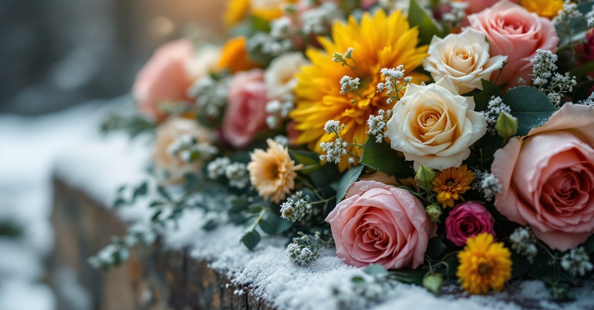 Fleurs sur une sépulture en hiver, composition funéraire résistant au froid