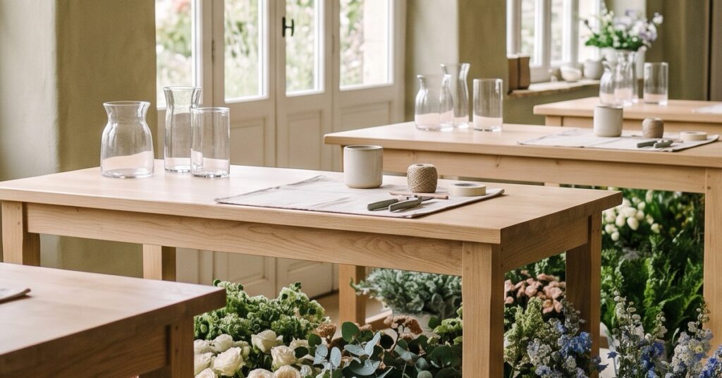 Postes de travail d'un atelier de formation fleuriste, seaux de fleurs coupees et outillage