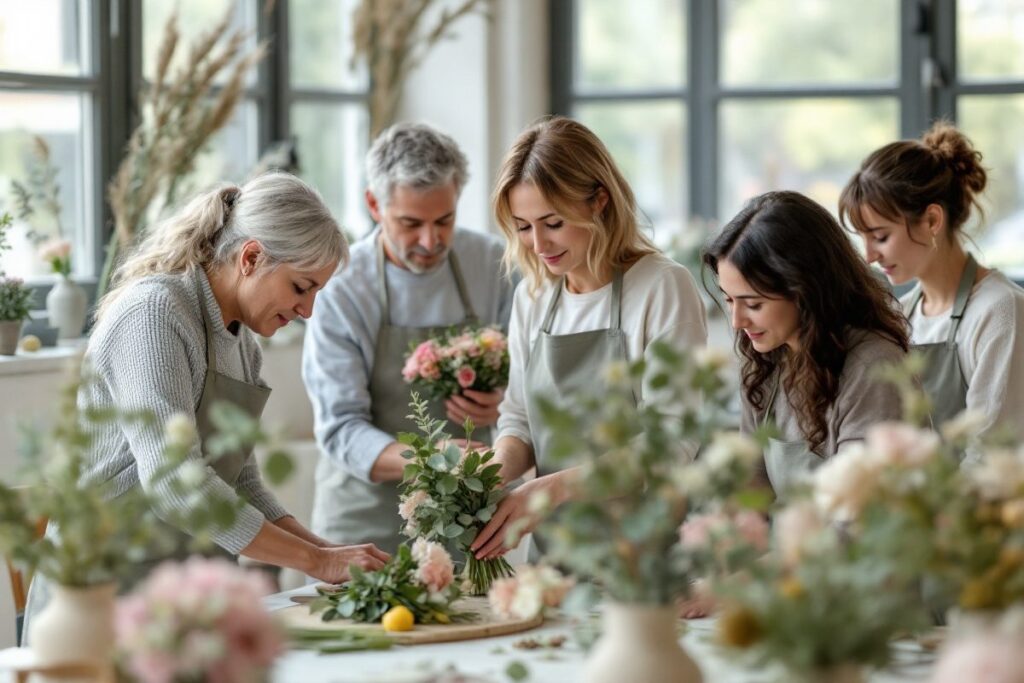 Adultes de tous âges apprenant à composer des bouquets en atelier de formation