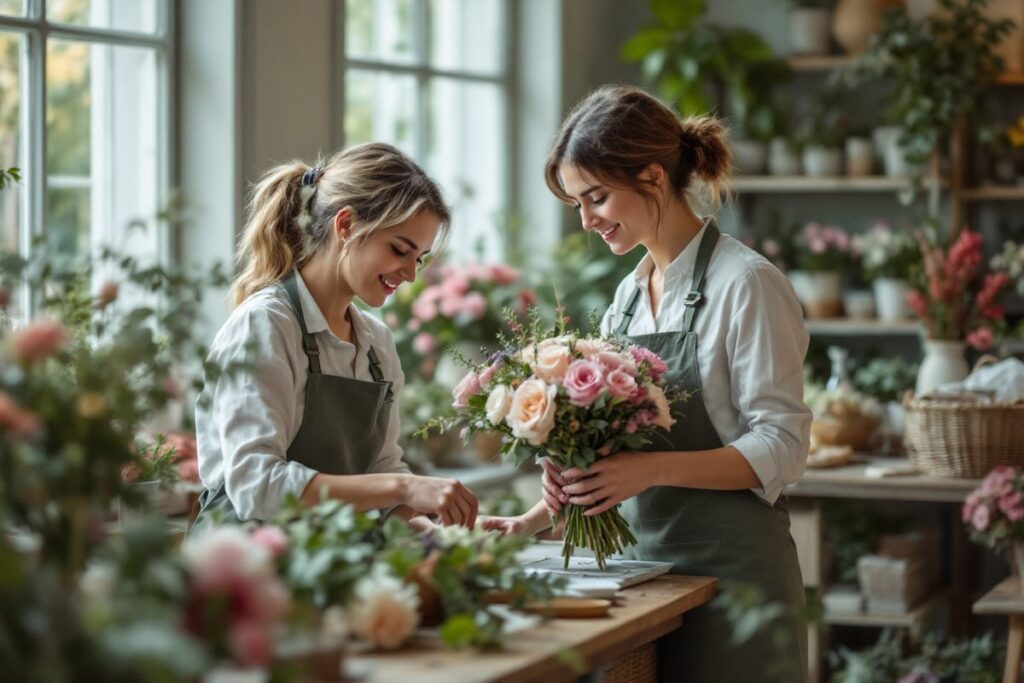 Deux fleuristes salariées préparant des bouquets dans une boutique
