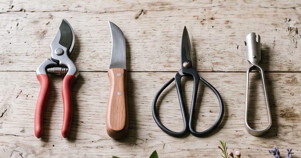 Secateur, couteau a bouton, ciseaux et desepinoir alignes sur un etabli, mallette du CAP fleuriste