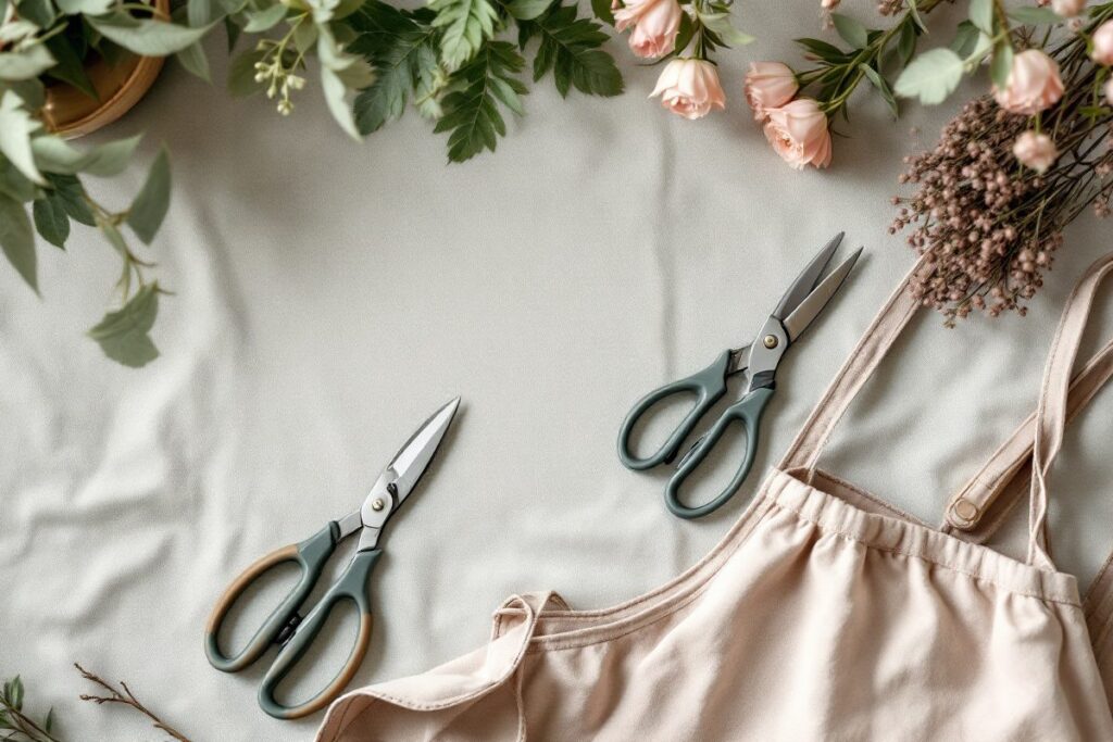 Ciseaux de fleuriste et tablier posés sur une toile, entourés de fleurs et de feuillage