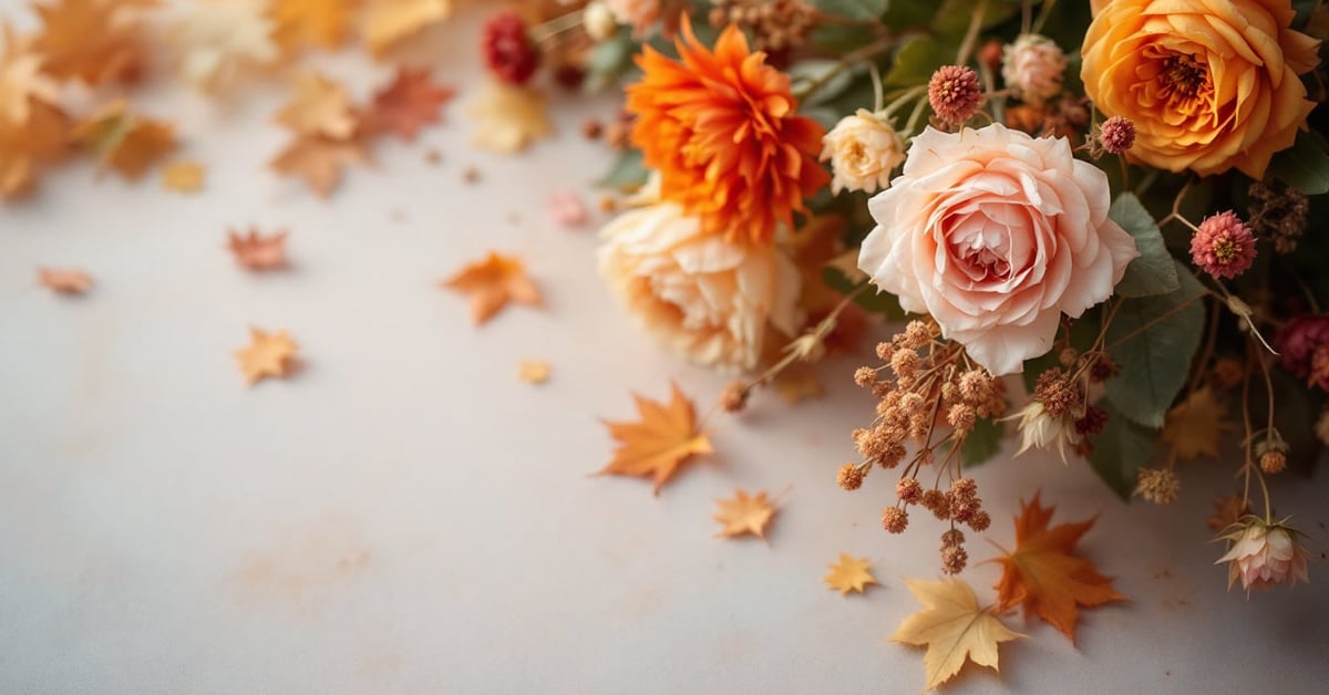 Palette de fleurs automnales pour mariage : tons bordeaux, ocre et rouille avec roses et dahlias de saison