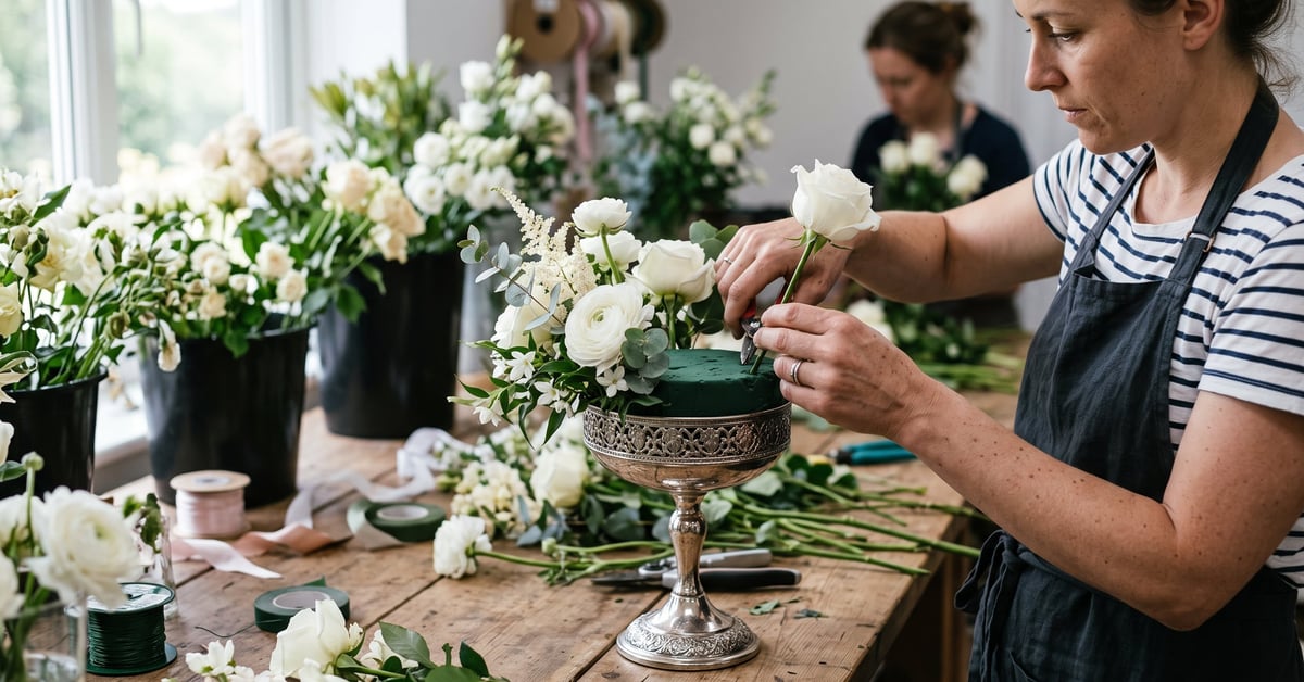 Porte-bouquet de mariée prêt à être garni de fleurs fraîches pour un bouquet nuptial