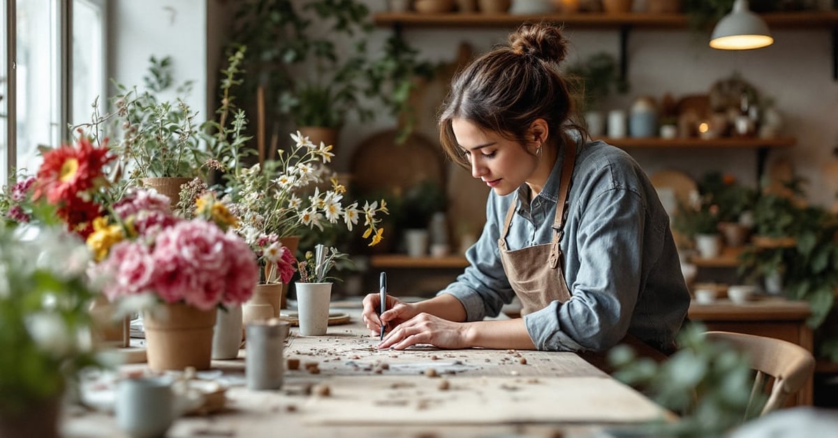 Atelier de fleuriste organisé avec outils et fleurs fraîches sur un plan de travail en bois