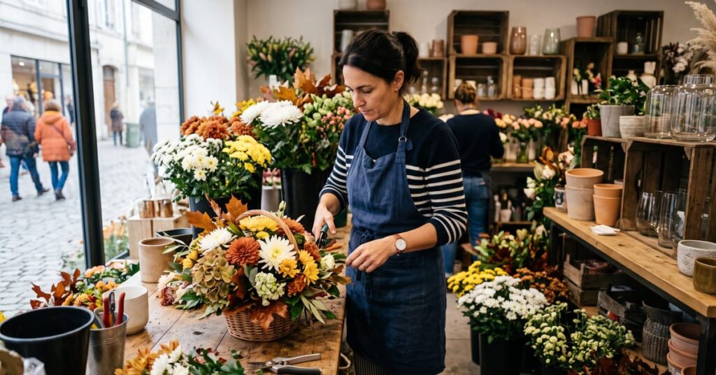 Fleuriste préparant son atelier pour la Toussaint avec des chrysanthèmes et compositions florales