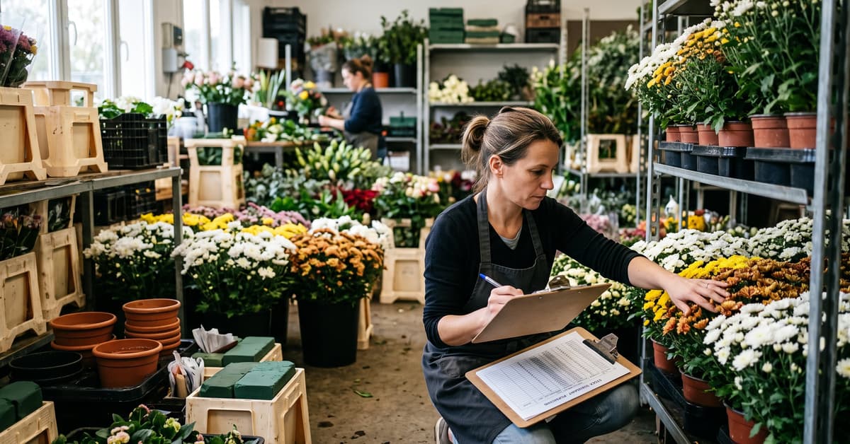 Fleuriste planifiant ses stocks avant la Toussaint dans son atelier – préparation toussaint fleuriste