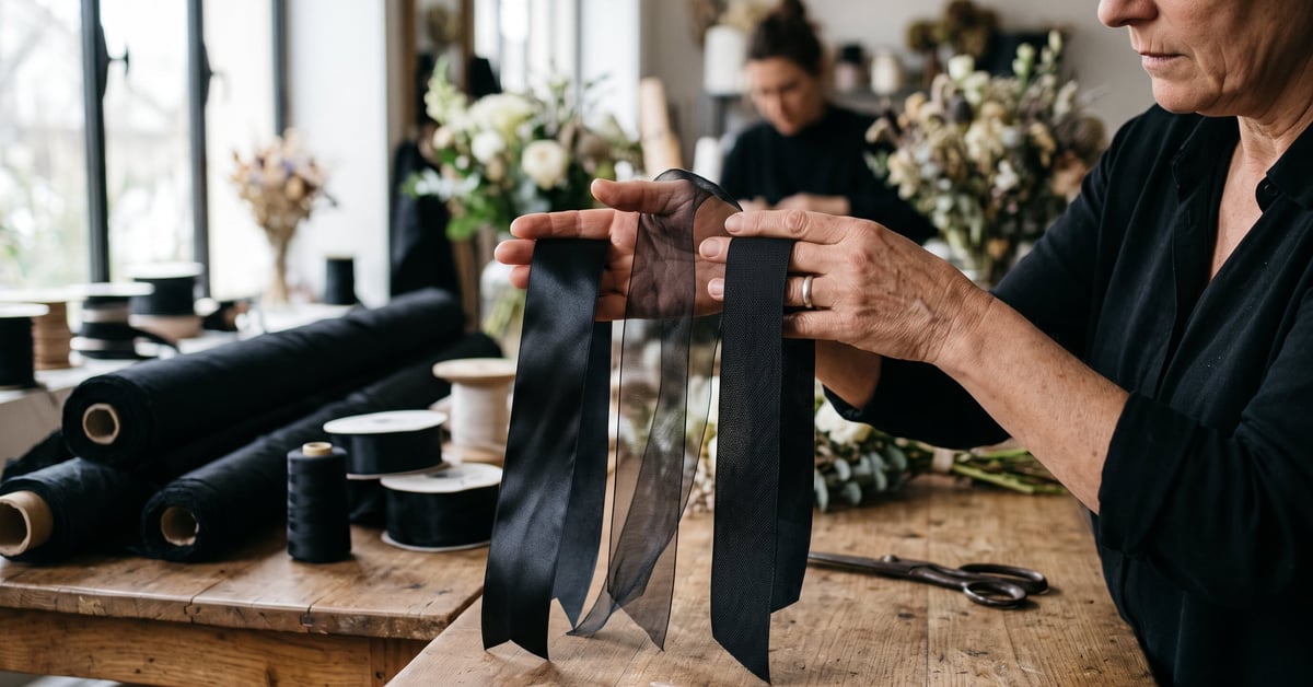 Rubans de deuil en satin, organza et polyester comparés pour compositions funéraires