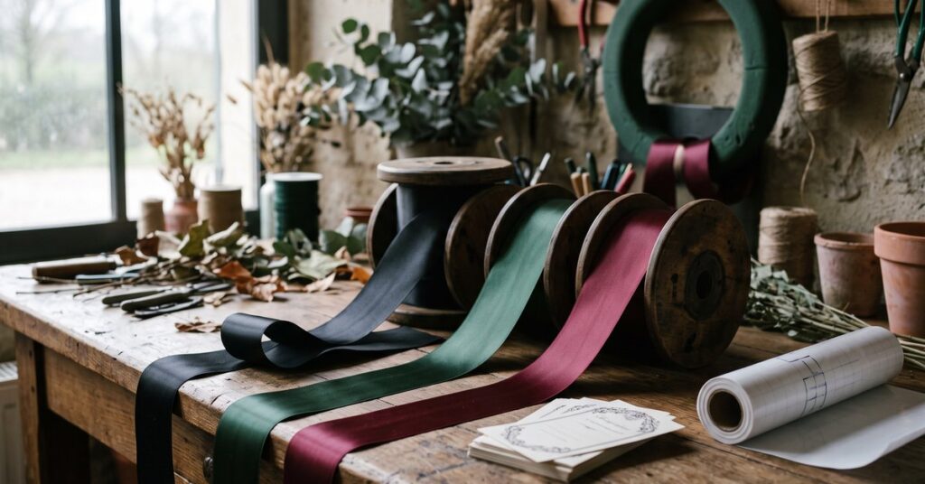 Bobines de ruban de deuil noir, vert sapin et bordeaux déroulées sur l'établi d'un atelier de fleuriste