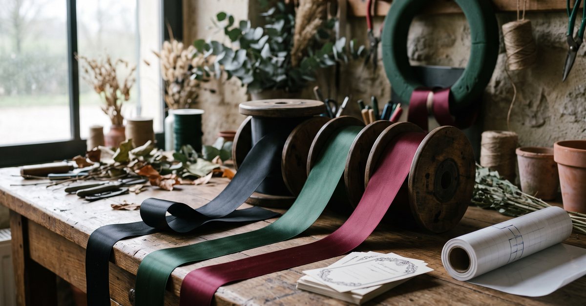 Bobines de ruban de deuil noir, vert sapin et bordeaux déroulées sur l'établi d'un atelier de fleuriste