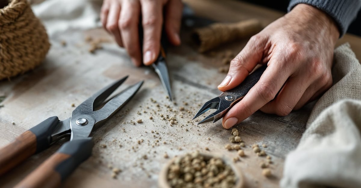 Sécateur, couteau de fleuriste et ciseaux posés sur un établi, outils fleuriste essentiels pour couper les tiges